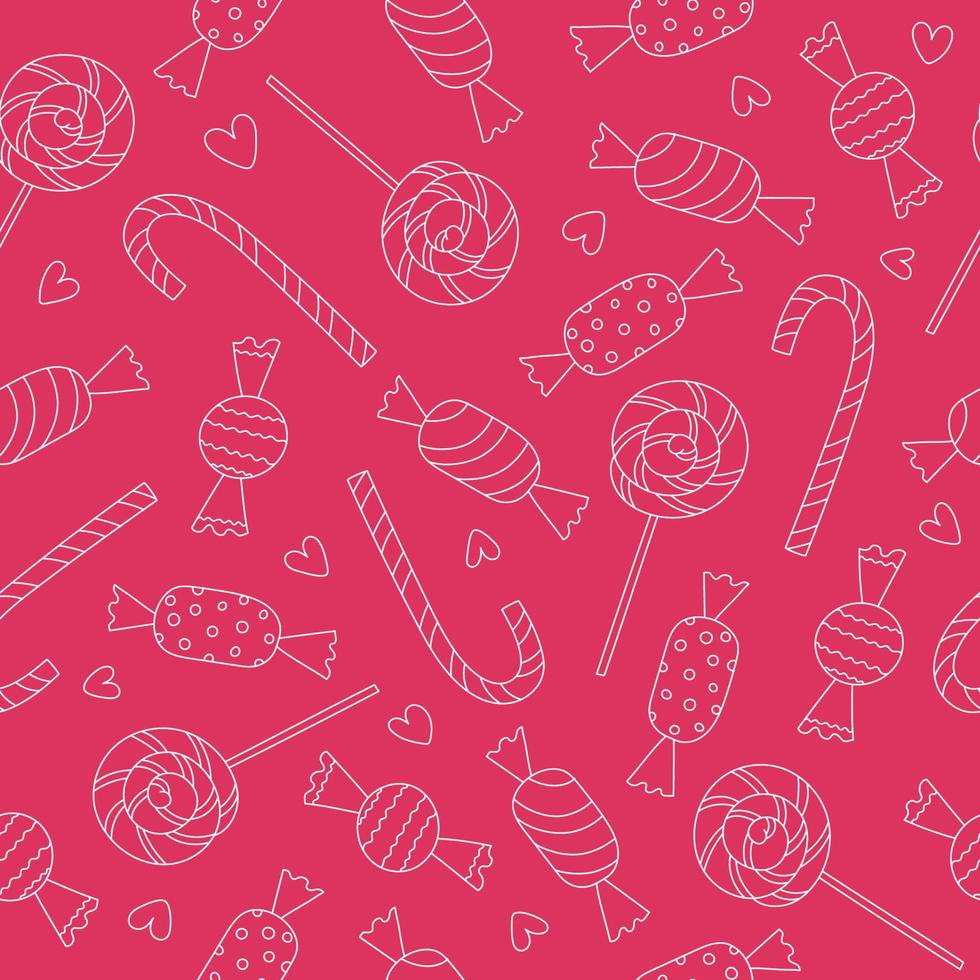 naadloze patroon met contour snoepjes op roze achtergrond. lolly, snoepgoed. lijn kunst. doodle stijl. vector