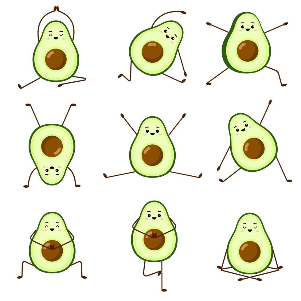 avocado-yoga. set van avocado Characterdesign op witte achtergrond. yoga voor zwangere vrouwen. ochtendoefeningen voor kinderen. leuke illustratie voor wenskaarten, stickers, stof, websites en prints. vector