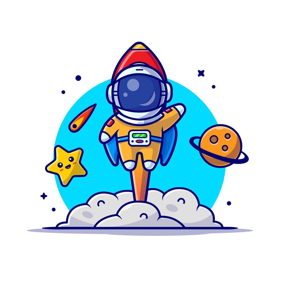 schattige astronaut lancering met raket cartoon vector pictogram illustratie. wetenschap technologie pictogram concept geïsoleerde premium vector. platte cartoonstijl