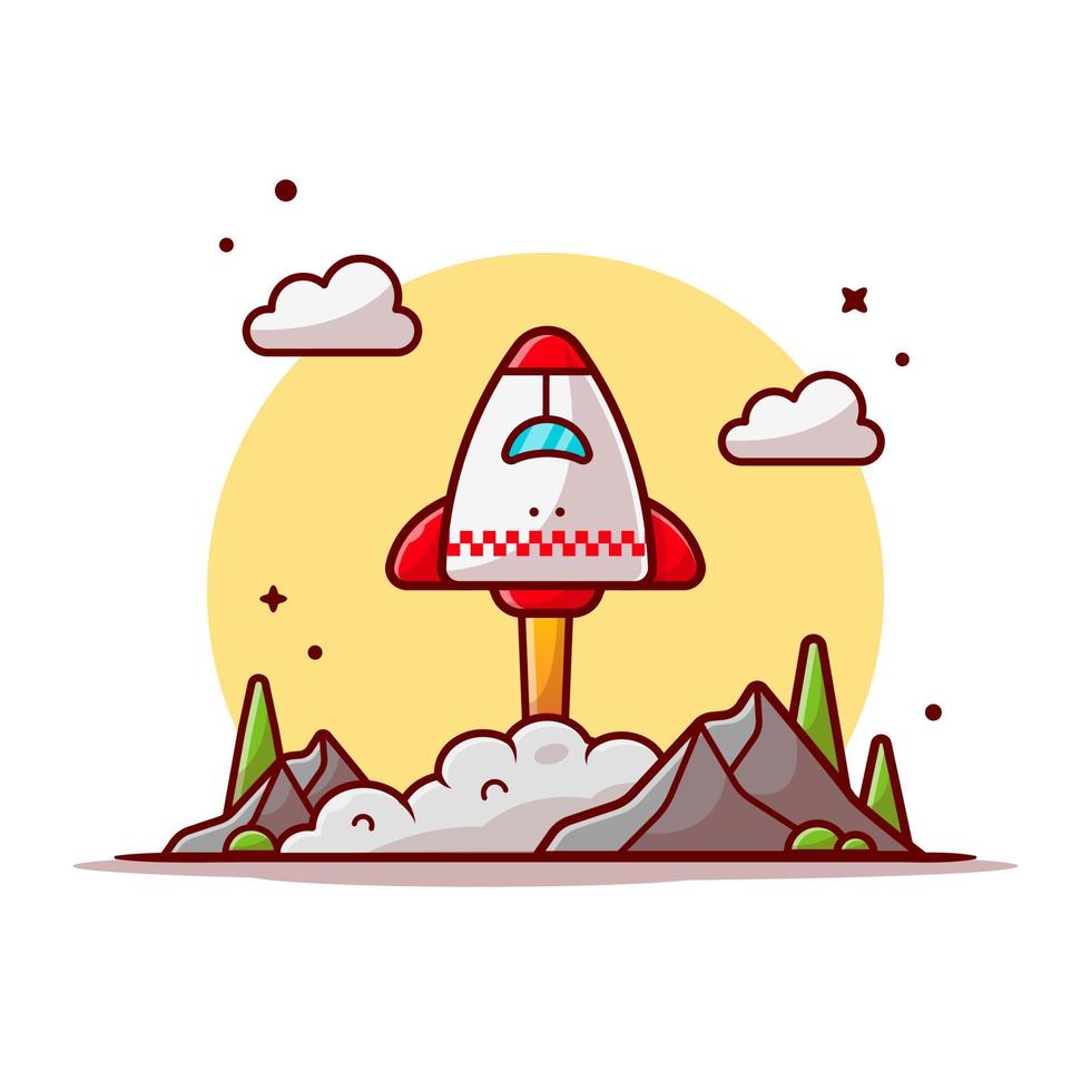 space shuttle opstijgen met wolken, bergen en boom ruimte cartoon vector pictogram illustratie. wetenschap technologie pictogram concept geïsoleerde premium vector. platte cartoonstijl