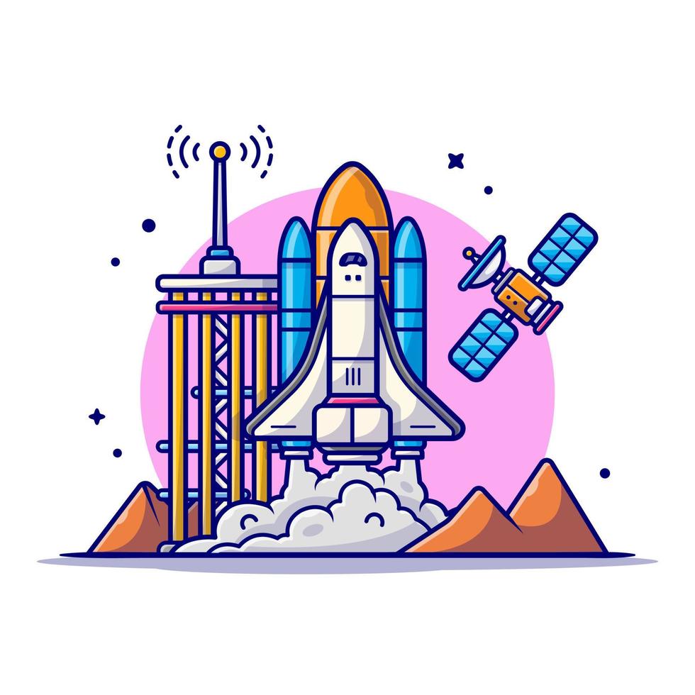 space shuttle opstijgen met toren, satelliet en berg cartoon vector pictogram illustratie. wetenschap technologie pictogram concept geïsoleerde premium vector. platte cartoonstijl