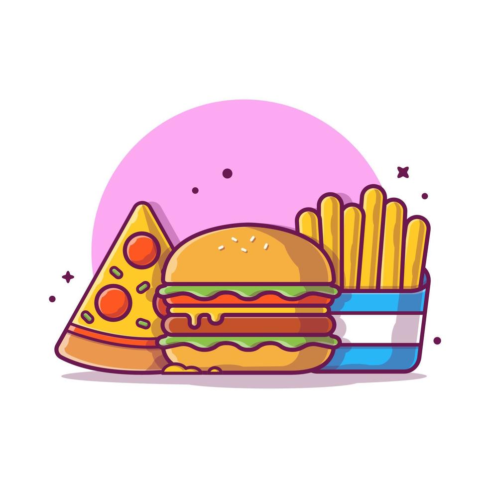 hamburger met plakje pizza en frietjes cartoon vector pictogram illustratie. voedsel object pictogram concept geïsoleerde premium vector. platte cartoonstijl