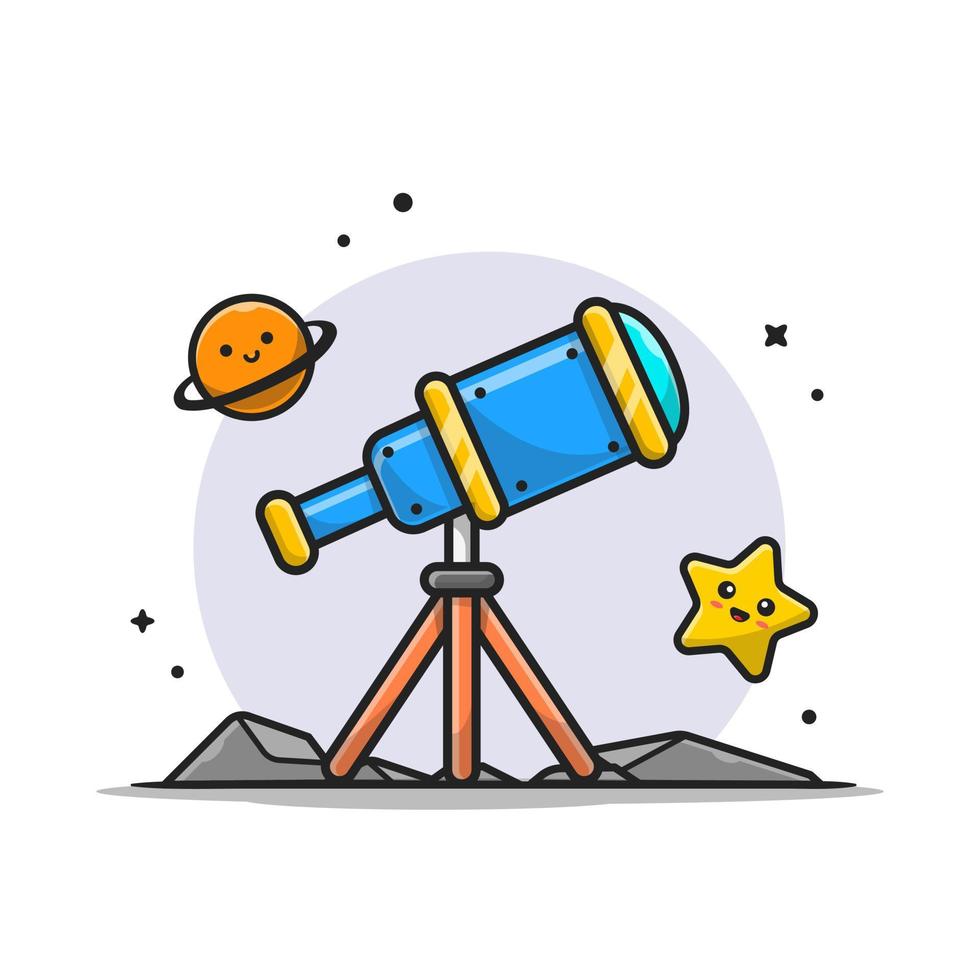 telescoop astronomie bekijken schattige planeet en schattige ster cartoon vector pictogram illustratie. wetenschap technologie pictogram concept geïsoleerde premium vector. platte cartoonstijl