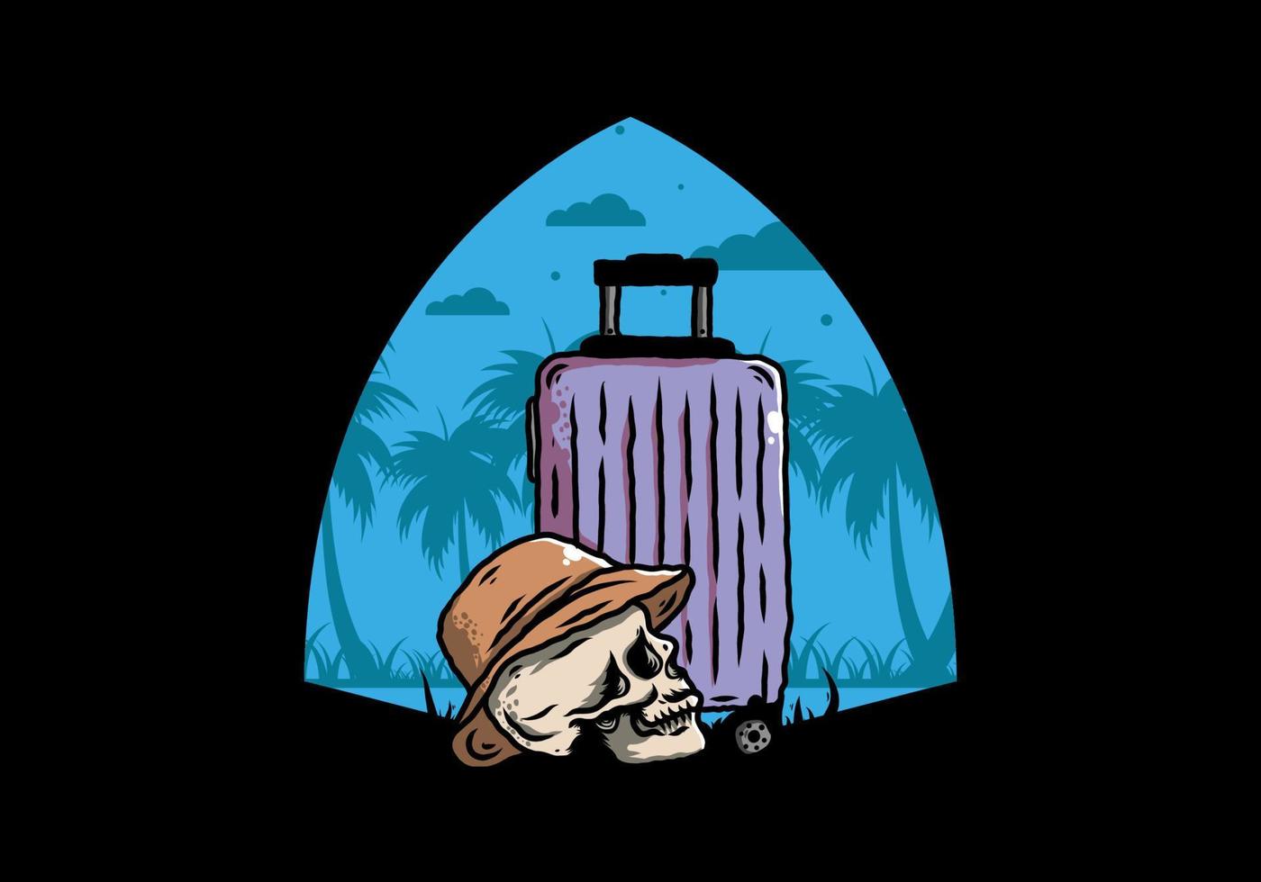 schedelhoofd met een hoed onder een reizende kofferillustratie vector