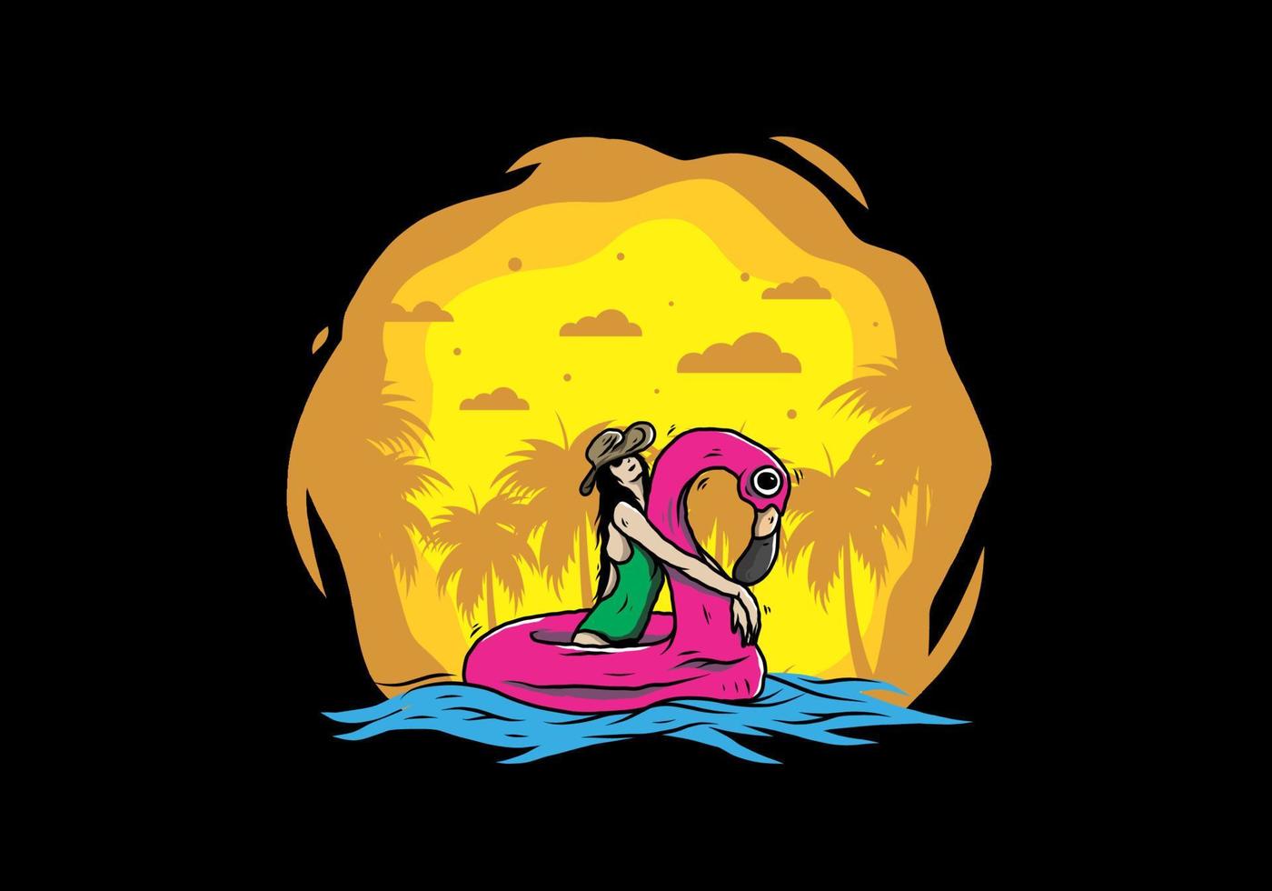 meisje met strandhoed in een opblaasbare reddingsboei-flamingoillustratie vector