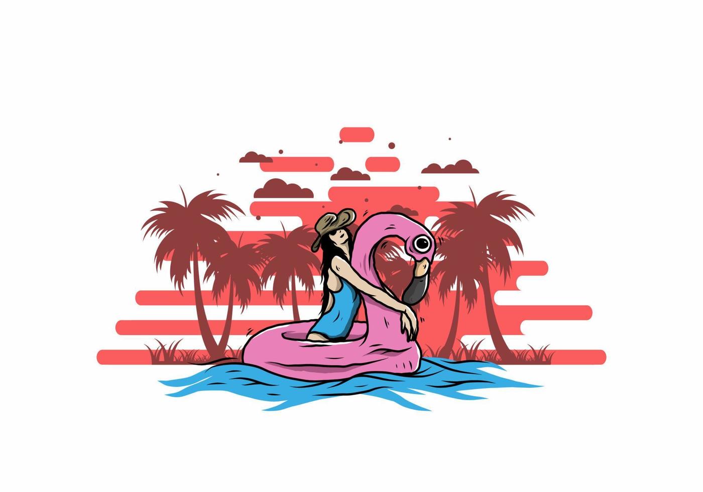 meisje met strandhoed in een opblaasbare reddingsboei-flamingoillustratie vector