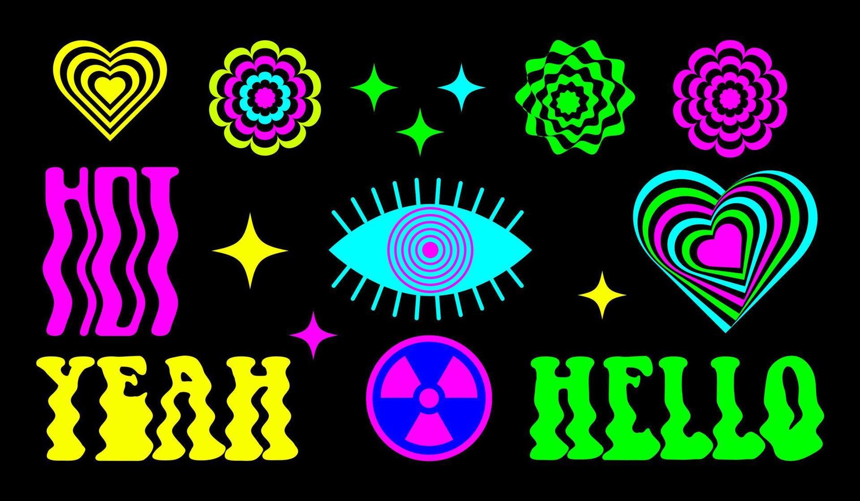 psychedelisch trippy stickerpakket. acid rave geïsoleerde objecten. print voor graphic tee in y2k-stijl. vector