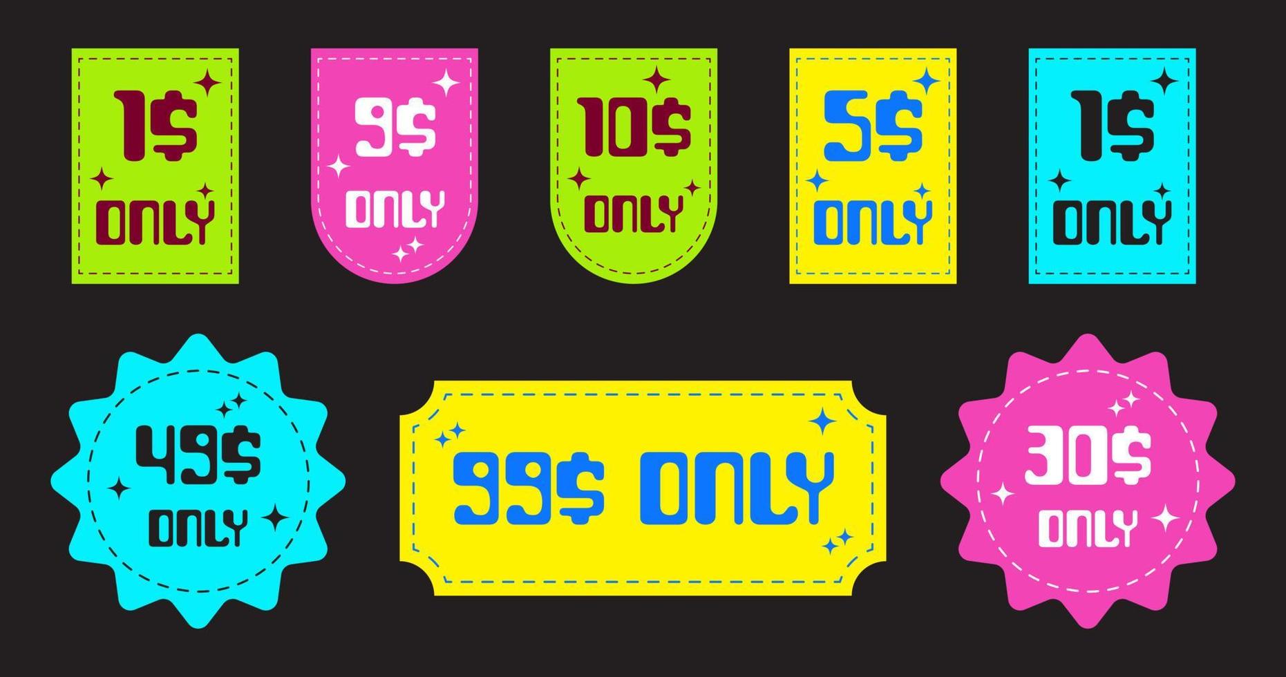 set van alleen dollar coupon teken, kortingsbon geldbesparende label. y2k stickerpakket. vector