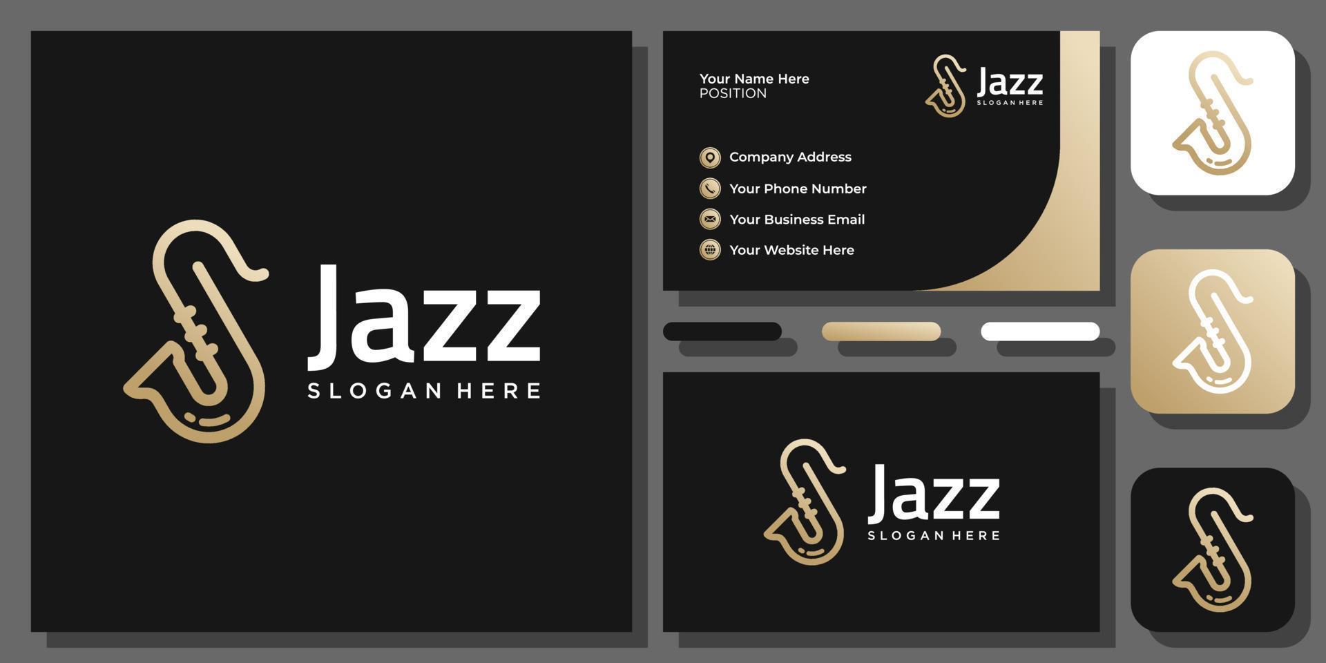 beginletter j saxofoon muziek jazz musical goud luxe vector logo ontwerp met visitekaartje