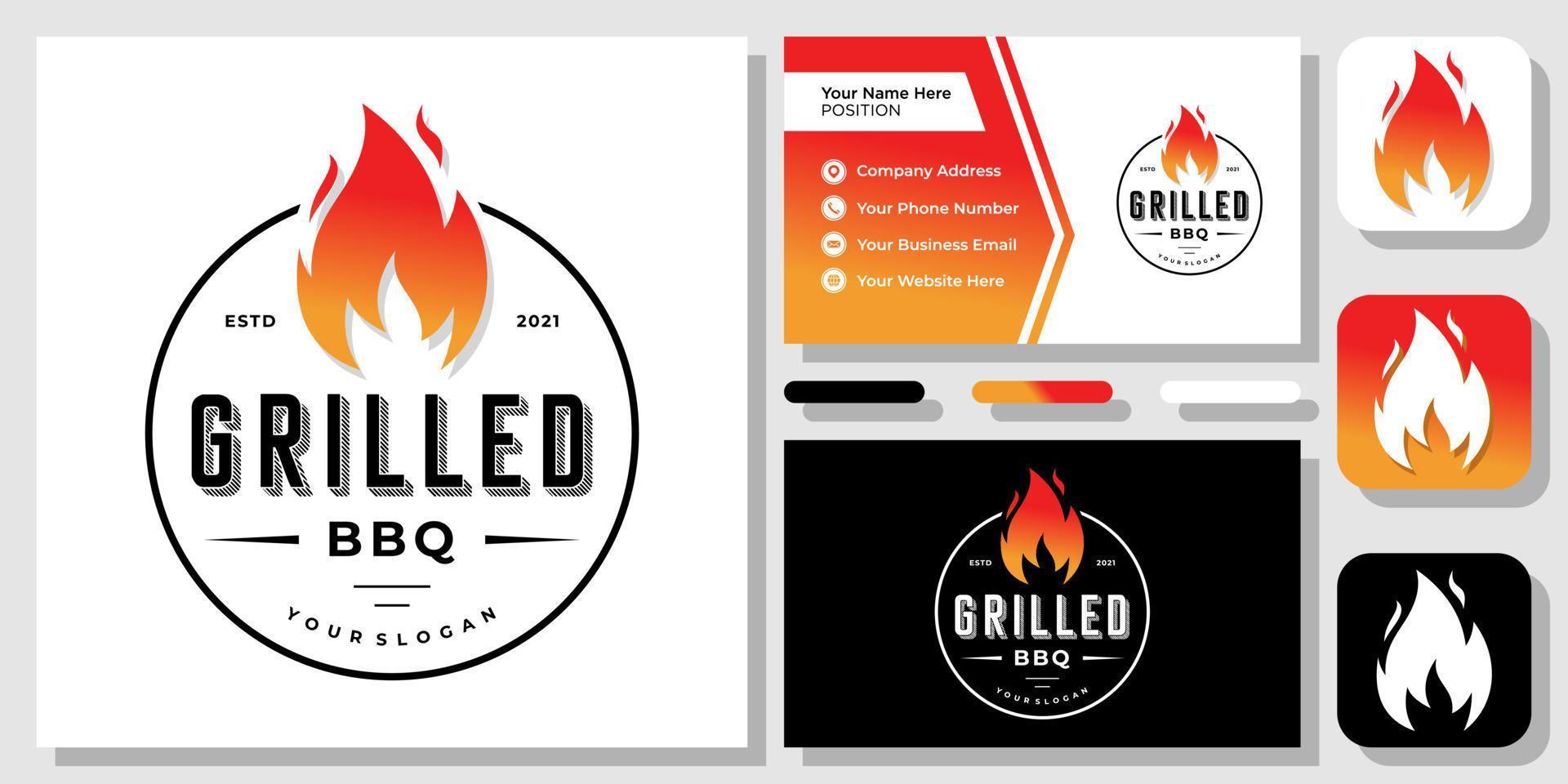 grill vuur heet branden barbecue koken biefstuk vlam vintage retro logo-ontwerp met sjabloon voor visitekaartjes vector