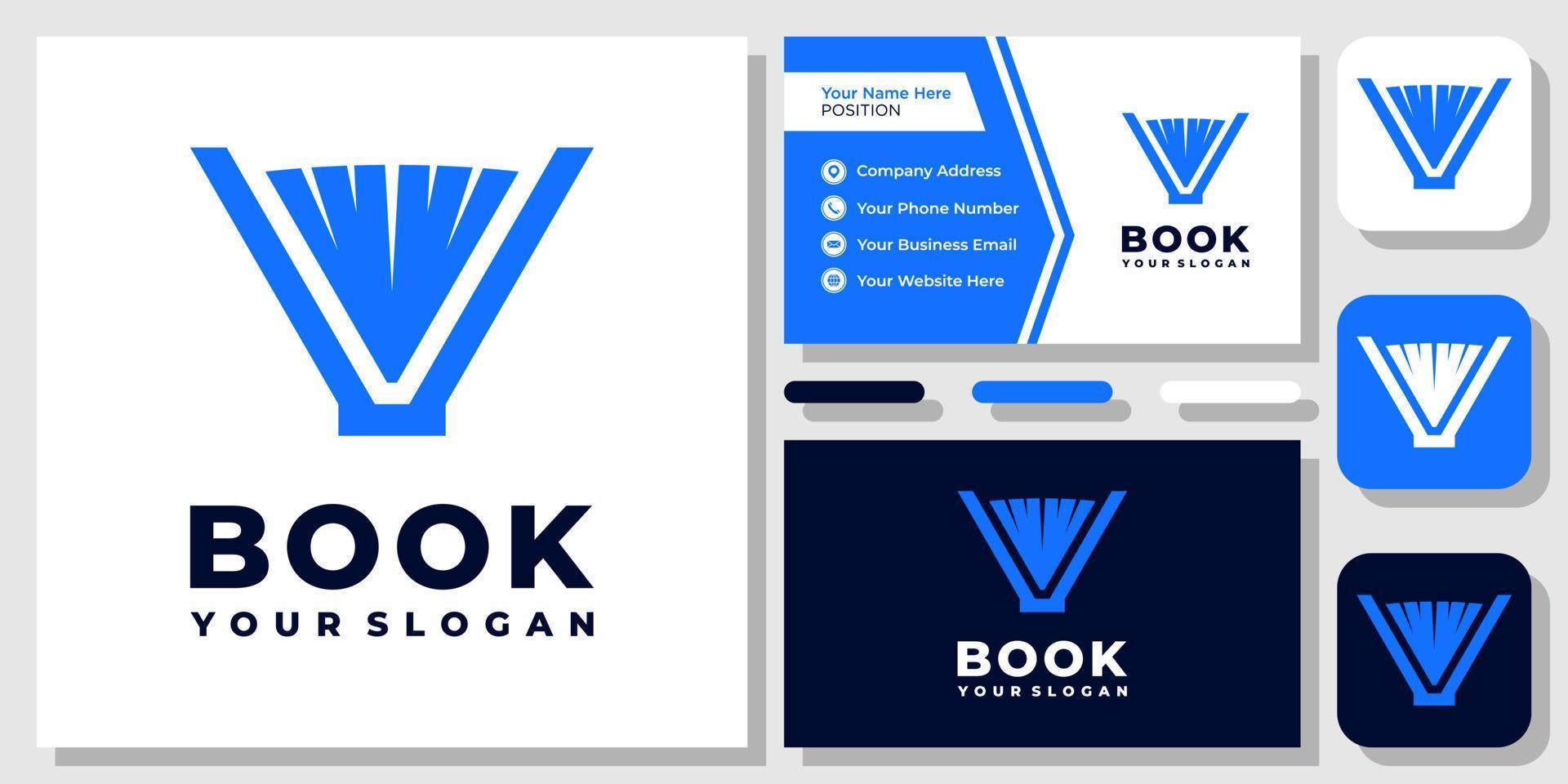 beginletter v boek studie onderwijs bibliotheek lees papier school logo ontwerp met sjabloon voor visitekaartjes vector