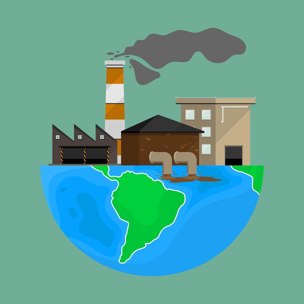 platte cartoon afbeelding, werkende fabriek vervuiling lucht en water, vector design save the earth concept.