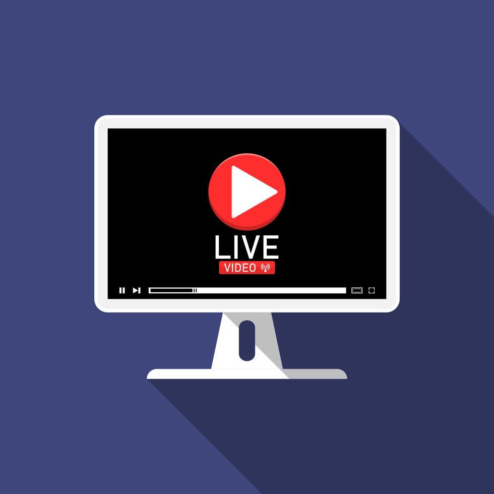 plat lang schaduwontwerp, live video op computer, marketingillustratie online. vector