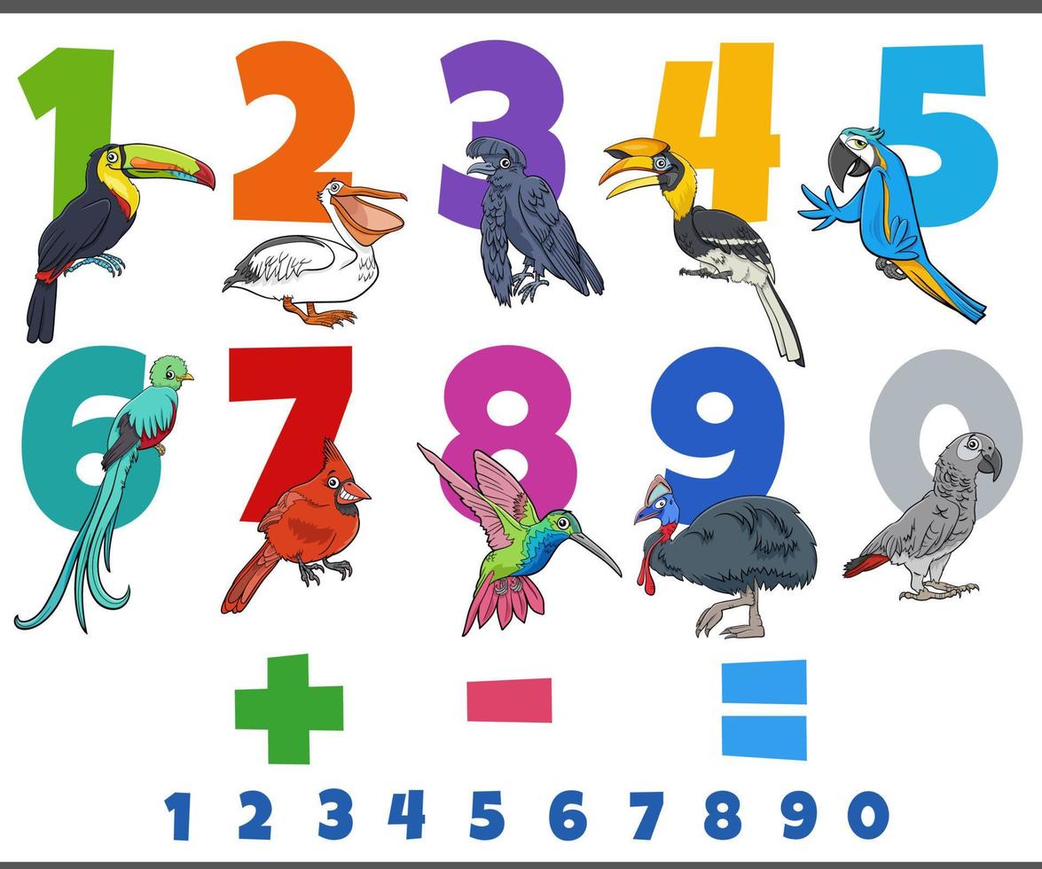 educatieve nummers set met cartoon vogels dier karakter vector