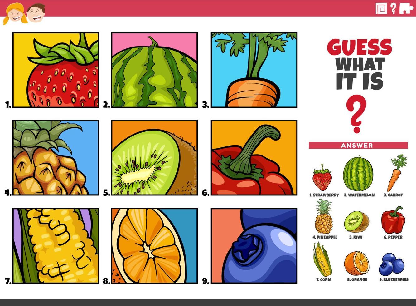 raad cartoon groenten en fruit educatieve taak vector