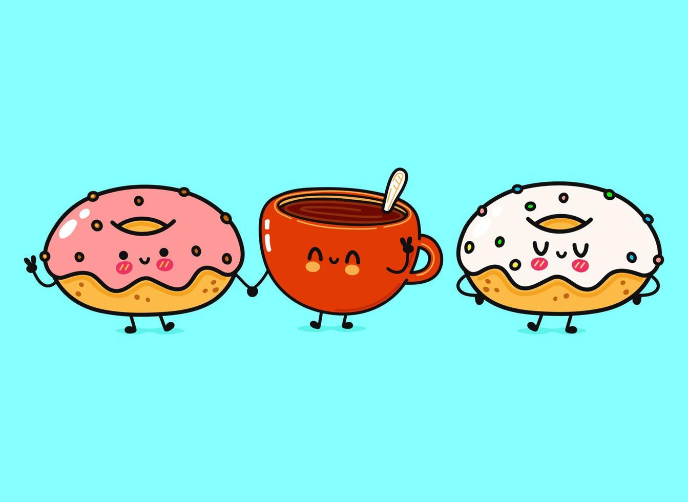 schattig, grappig gelukkig kopje koffie en donuts karakter. vector hand getekend kawaii stripfiguren, illustratie pictogram. grappige cartoon kopje koffie en donuts vrienden concept