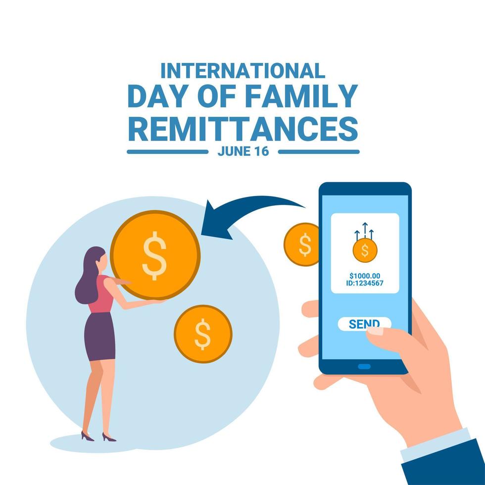 vectorillustratie, handen die geld overmaken met behulp van een smartphone, als spandoek of poster voor de internationale dag van gezinsovermakingen. vector
