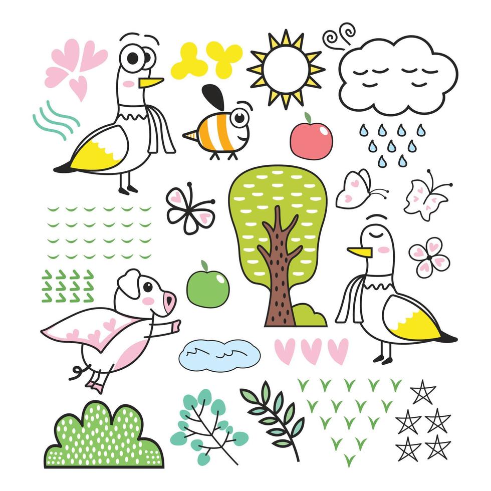 met de hand getekende schattige doodles dieren illustratie set vector