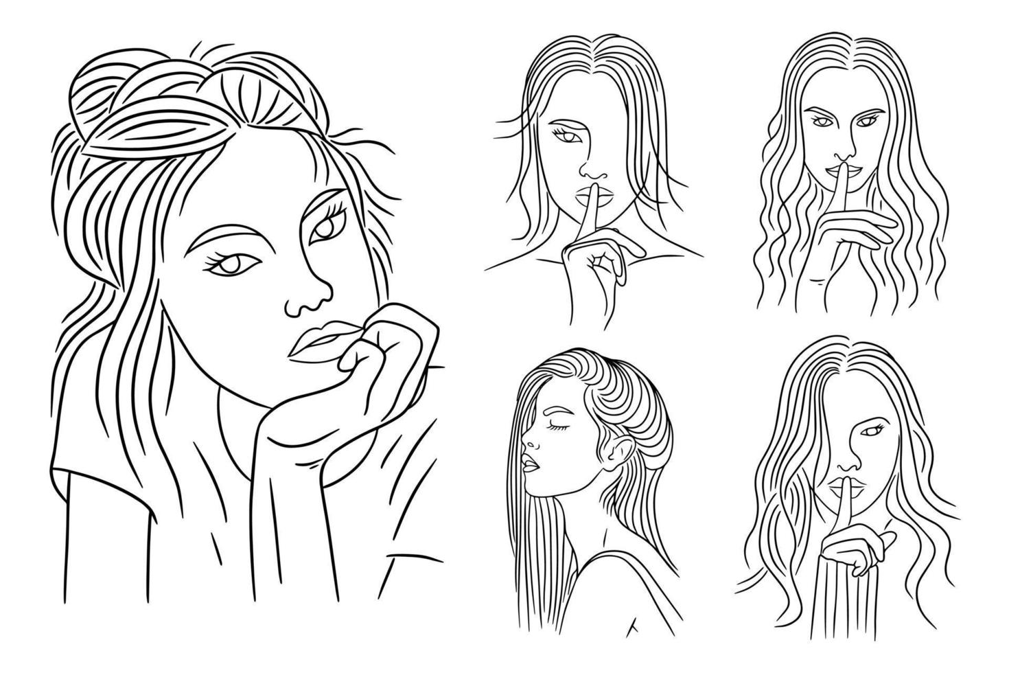 set bundel lijntekeningen tekening eenvoudige vrouwen modelleren hoofd en gezicht pose met de hand getekend vector