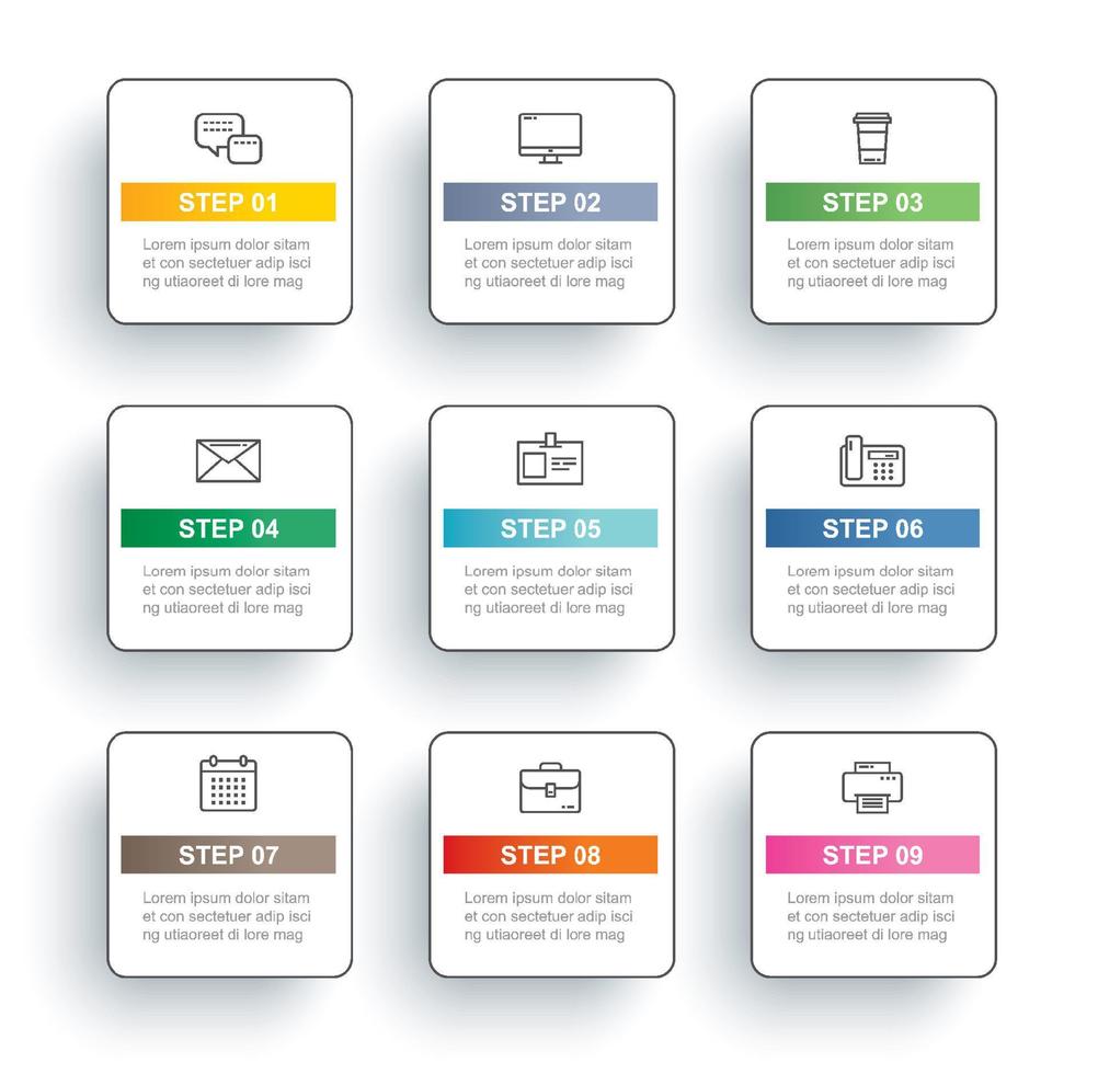 9 data infographics vierkante dunne lijn indexsjabloon. vector illustratie abstracte achtergrond.