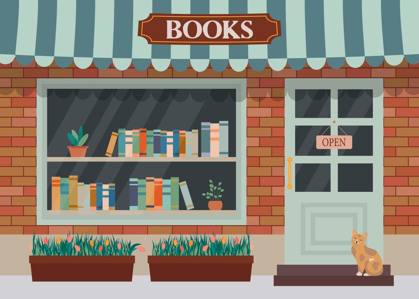 boekhandel, boekhandel. showcase en planken met boeken. platte vectorillustratie. vector