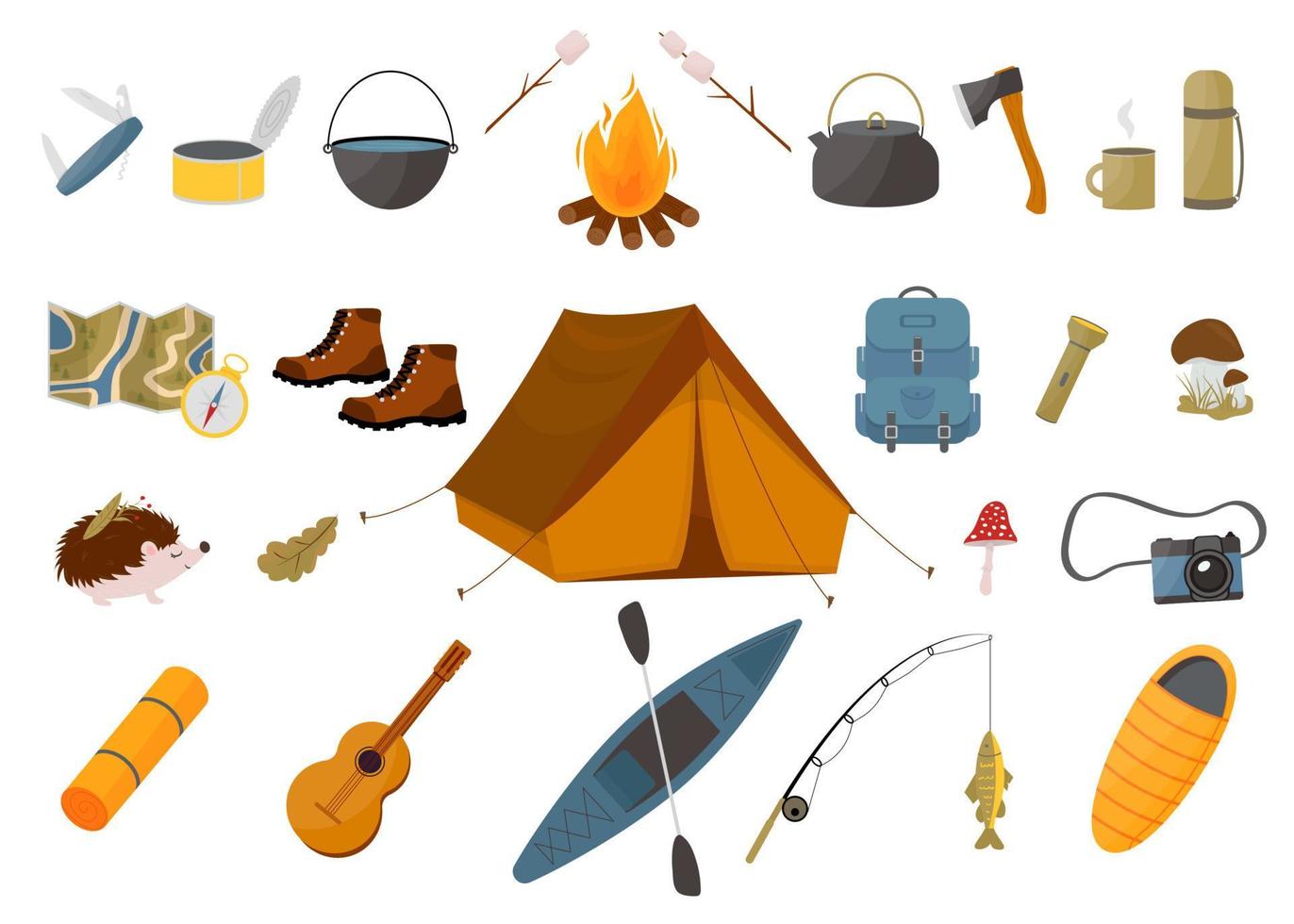 set toeristische uitrusting - tent, rugzak, slaapzak, hengel, kajak en andere items. camping en wandelen collectie. trekking uitrusting. vector