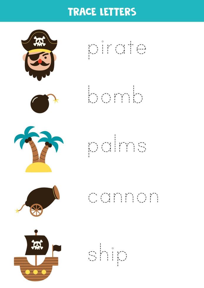 traceer de namen van schattige piratenelementen. vector