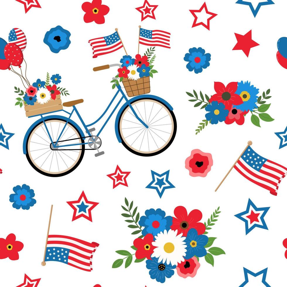 patriottische Amerikaanse bloemen fiets met vlaggen en ballonnen in nationale kleuren naadloze patroon op witte achtergrond. geïsoleerd op een witte achtergrond. onafhankelijkheidsdag, 4 juli thema-ontwerp. vector