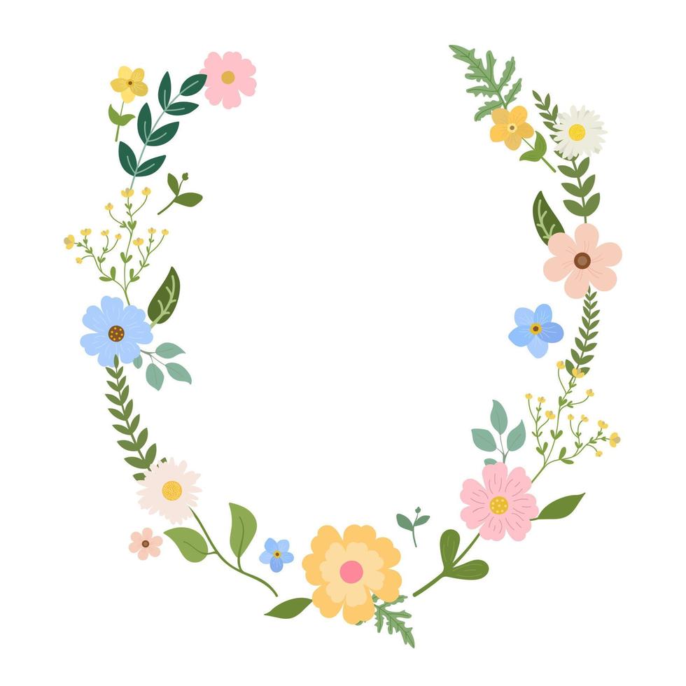 ronde bloemenkrans met schattige bloemen en bladeren. vectorillustratie voor wenskaarten, posters, uitnodigingen, art prints, babydouche, bruiloft. vector
