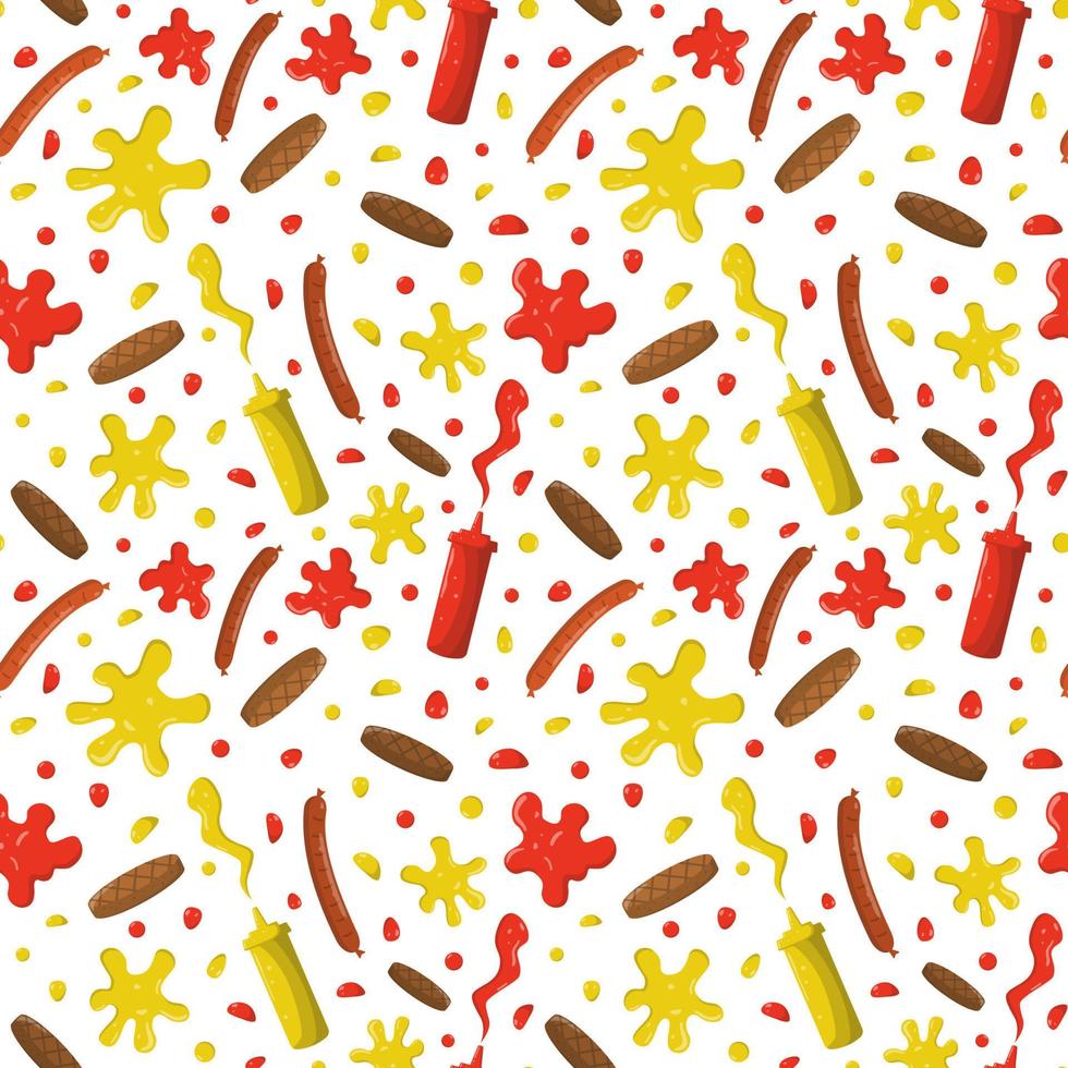 worst en hamburgerpasteitjes, spatten van mosterd en ketchup in naadloos patroon van plastic flessen. geïsoleerd op een witte achtergrond. vector