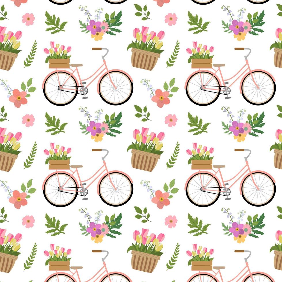 vintage stijlpatroon met bloemenfiets en mooie roze, gele bloemen. geïsoleerd op een witte achtergrond. leuke en romantische botanische tuinprint voor textielontwerp, kaarten. vector