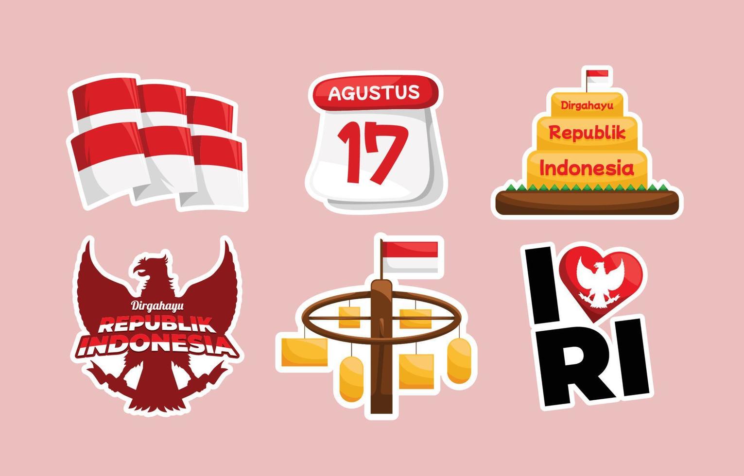 set feestelijke indonesië onafhankelijkheidsdag stickers vector