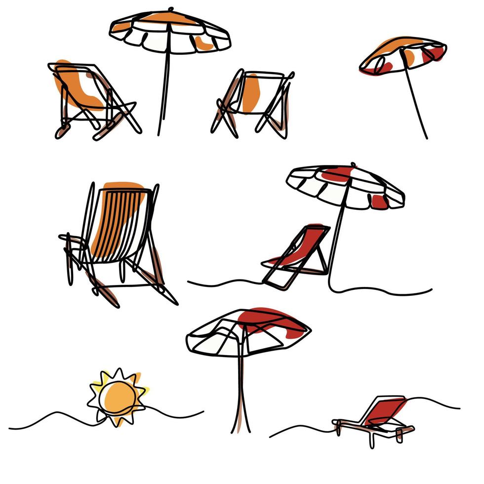 set van zomerstrandstoel en parasolobject in één lijn doorlopende illustratietekening vector