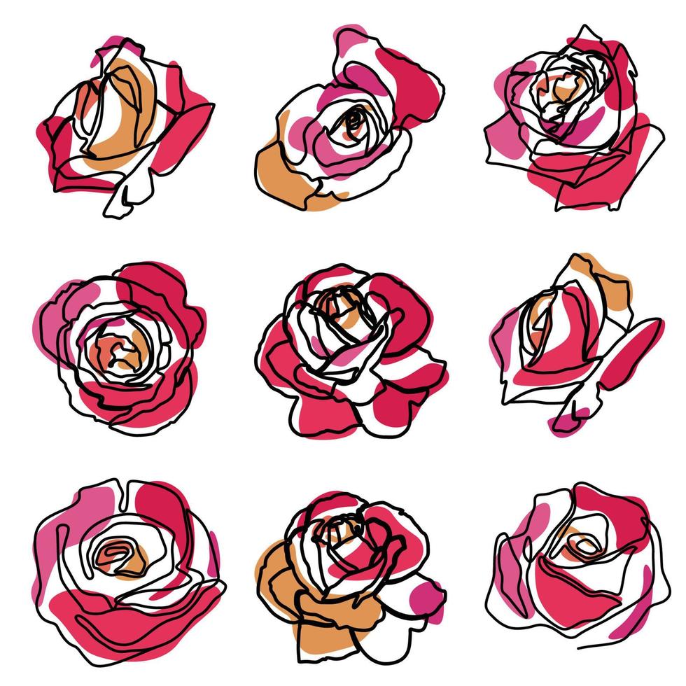 set van één lijntekeningen van botanische rozenbloem in minimaal ontwerp vector