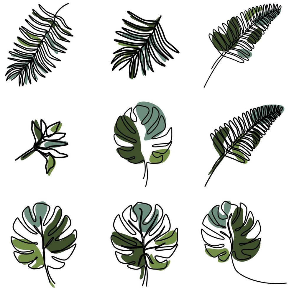 set van één regel doorlopende tekening tropisch blad. zomer botanisch blad vector