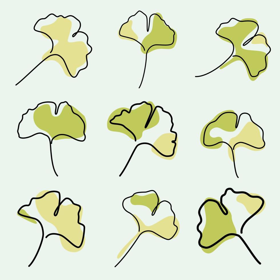 set van doorlopende eenregelige illustratie van ginkgo herfstboomblad vector