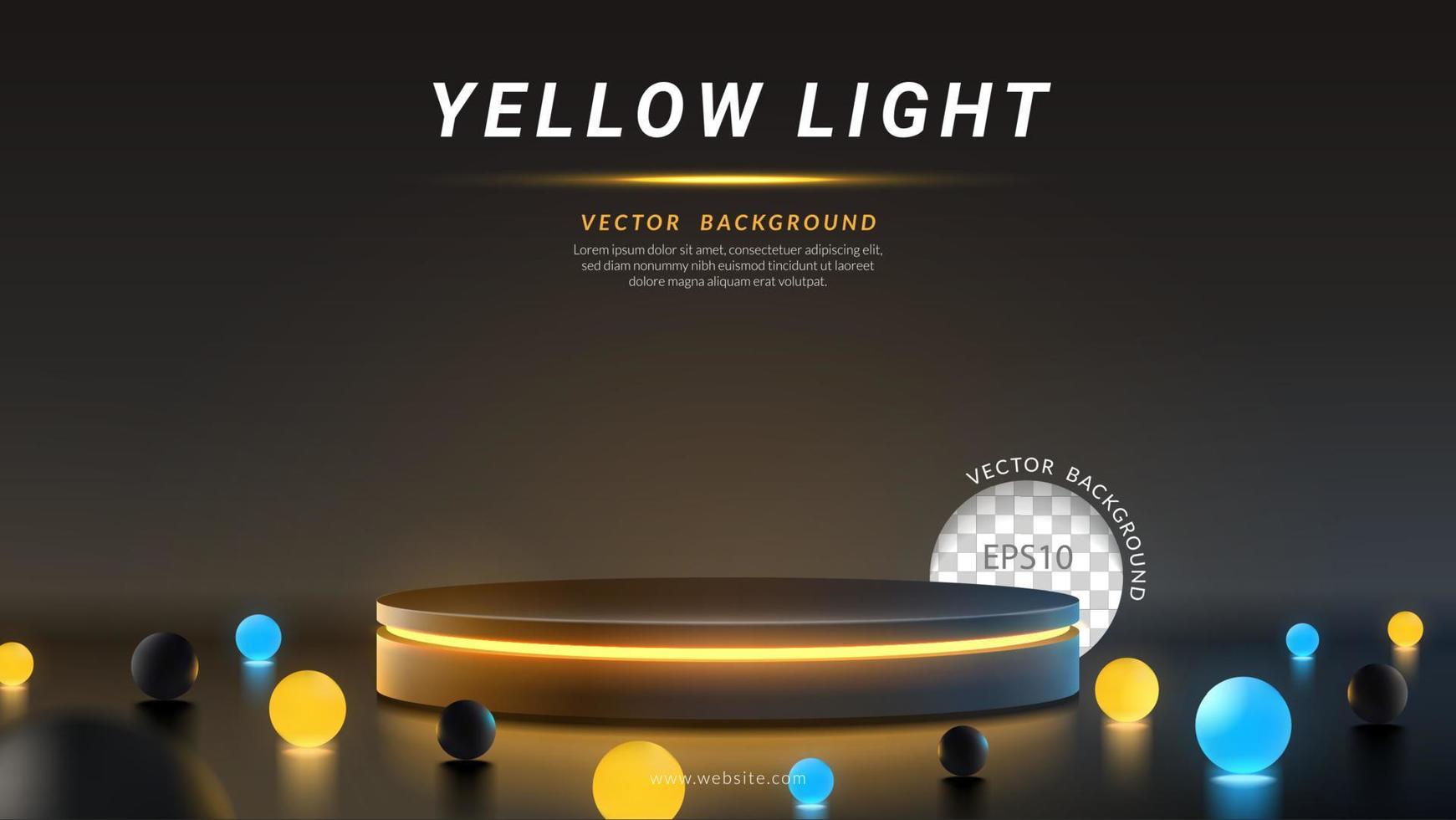 cilinderpodium met geel neonlicht, gloedbal op een zwarte achtergrond. concept van ontwerp voor productweergave. lay-out horizontaal, vectorillustratie vector