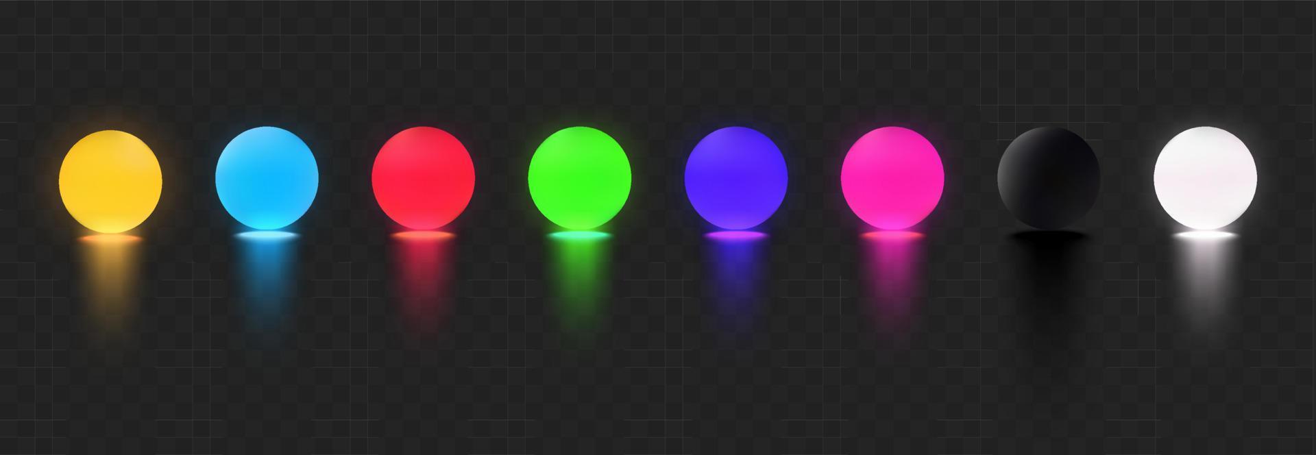 3D geel, blauw, rood, groen, paars, roze, zwart, wit, glow ball. vector illustratie