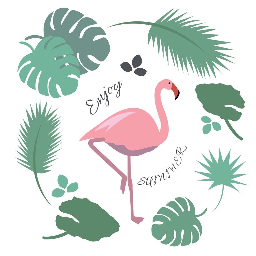 zomer cartoon afbeelding met een roze flamingo en een cirkel van bladeren vector