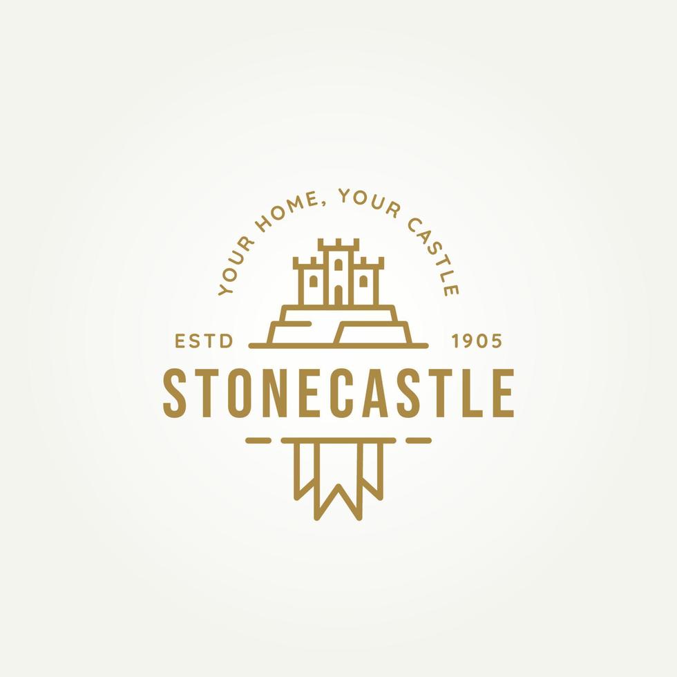 stenen kasteel eenvoudige lijn kunst logo pictogram sjabloon vector illustratie ontwerp. middeleeuws kasteel boven de steen met vlagsymbool