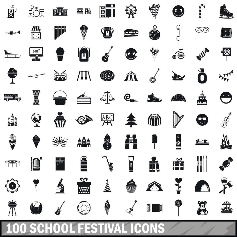 100 school festival iconen set, eenvoudige stijl vector