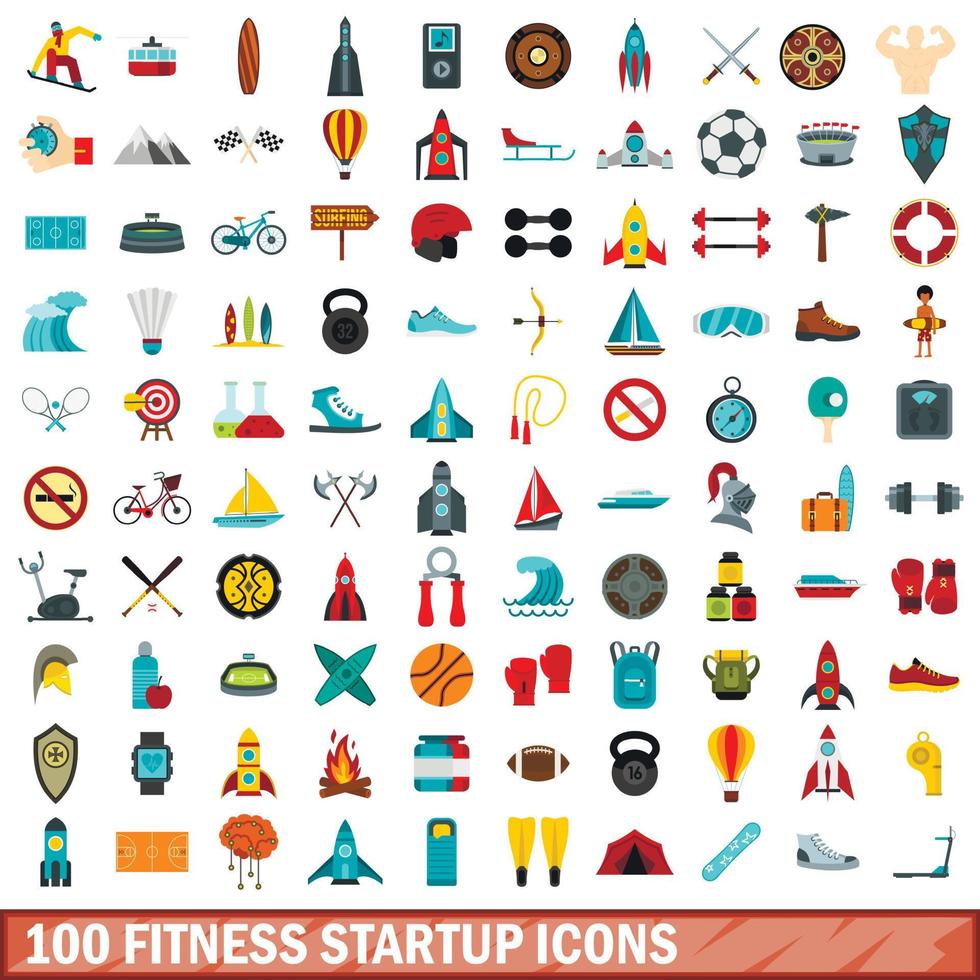 100 fitness opstarten iconen set, vlakke stijl vector