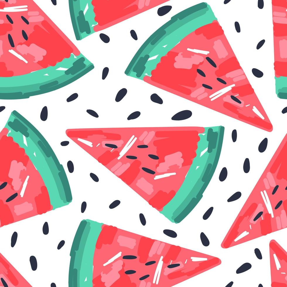 naadloos patroon met watermeloenen. handgetekende watermeloenplakken en zaden eindeloos behang. schattig fruit backdrop.food ontwerp voor stof, textiel print, inwikkeling, dekking. vector illustratie