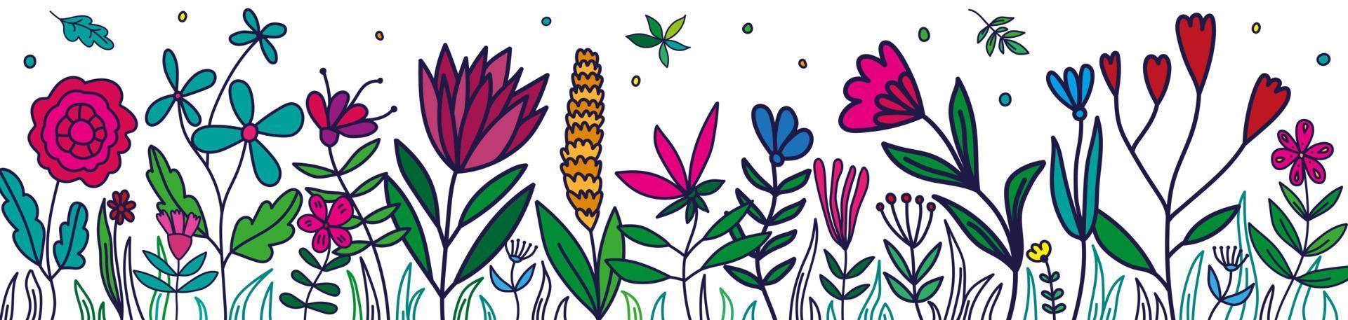 doodle bloemen en bladeren banner. schattig bloemen zomer horizontaal behang. botanische achtergrond. vector