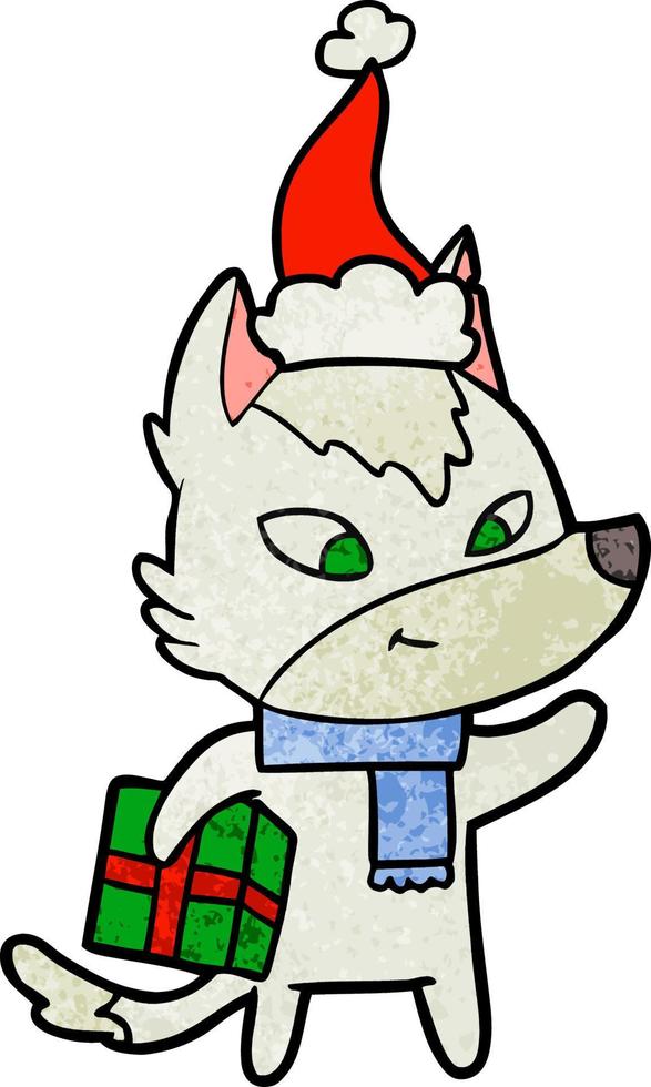 vriendelijke getextureerde cartoon van een kerstwolf met een kerstmuts vector