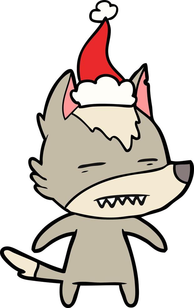 lijntekening van een wolf met tanden die een kerstmuts dragen vector