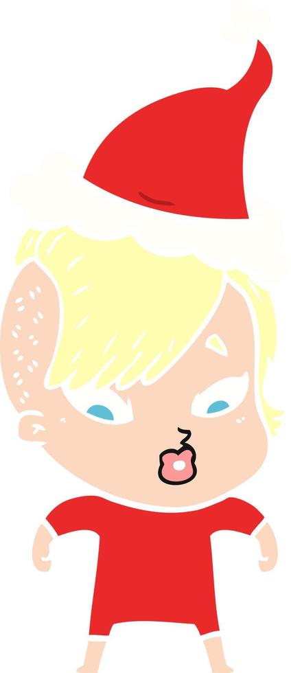 egale kleurenillustratie van een verrast meisje dat een kerstmuts draagt vector