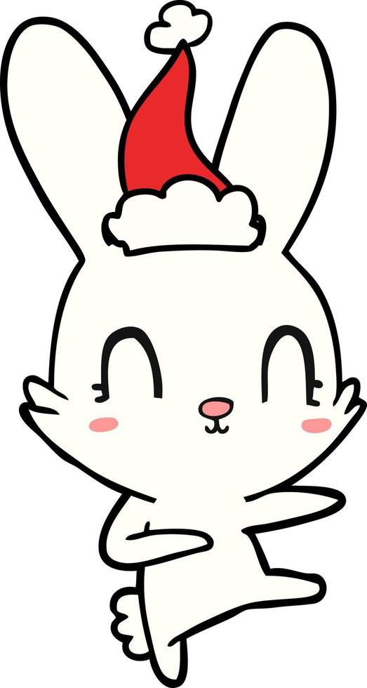 schattige lijntekening van een dansend konijn met een kerstmuts op vector