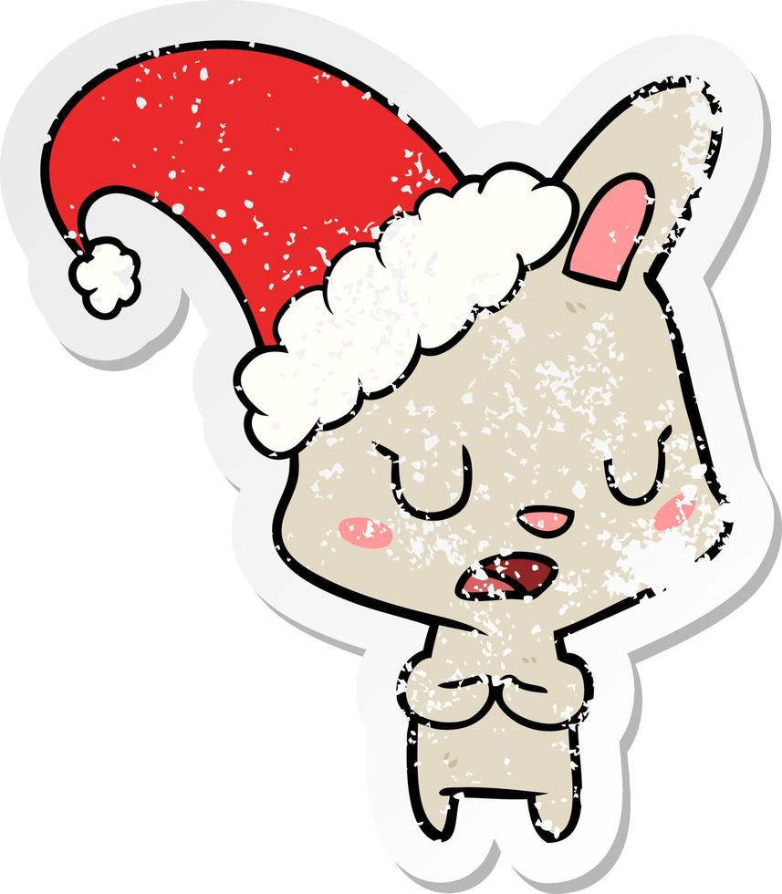 verontruste sticker van een cartoonkonijn met een kerstmuts vector