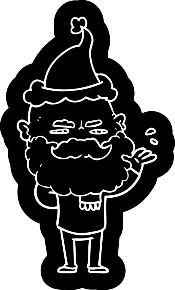 cartoon icoon van een minachtende man met baard die fronst met een kerstmuts vector